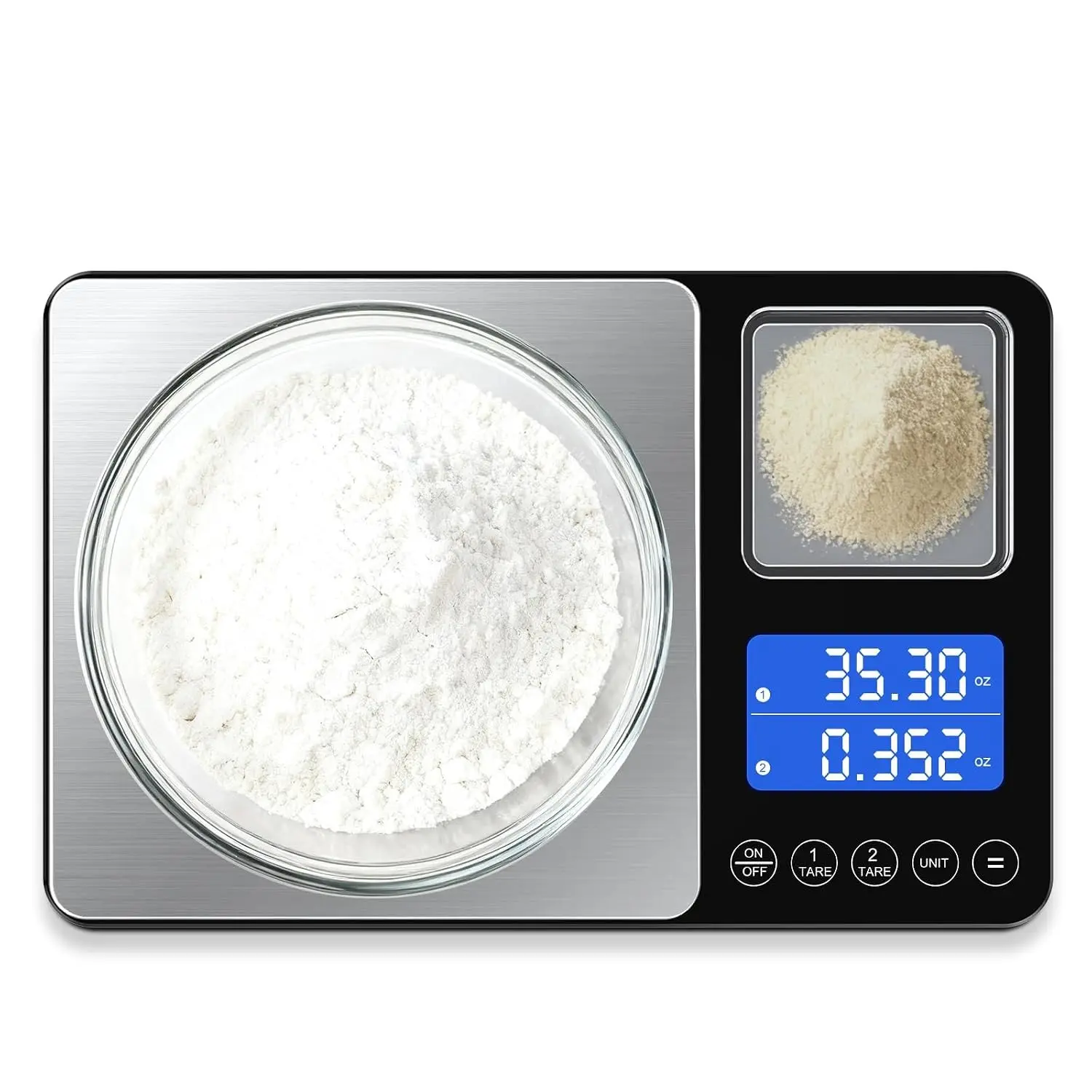 Modern Digital Dual Platform Kitchen Scale with Solid Surface, Rectangular Form, Dual Display, 33 lb Large Cap & 1.1 lb Mini Cap, Stainless Steel, High Precision for Baking, Meal Prep