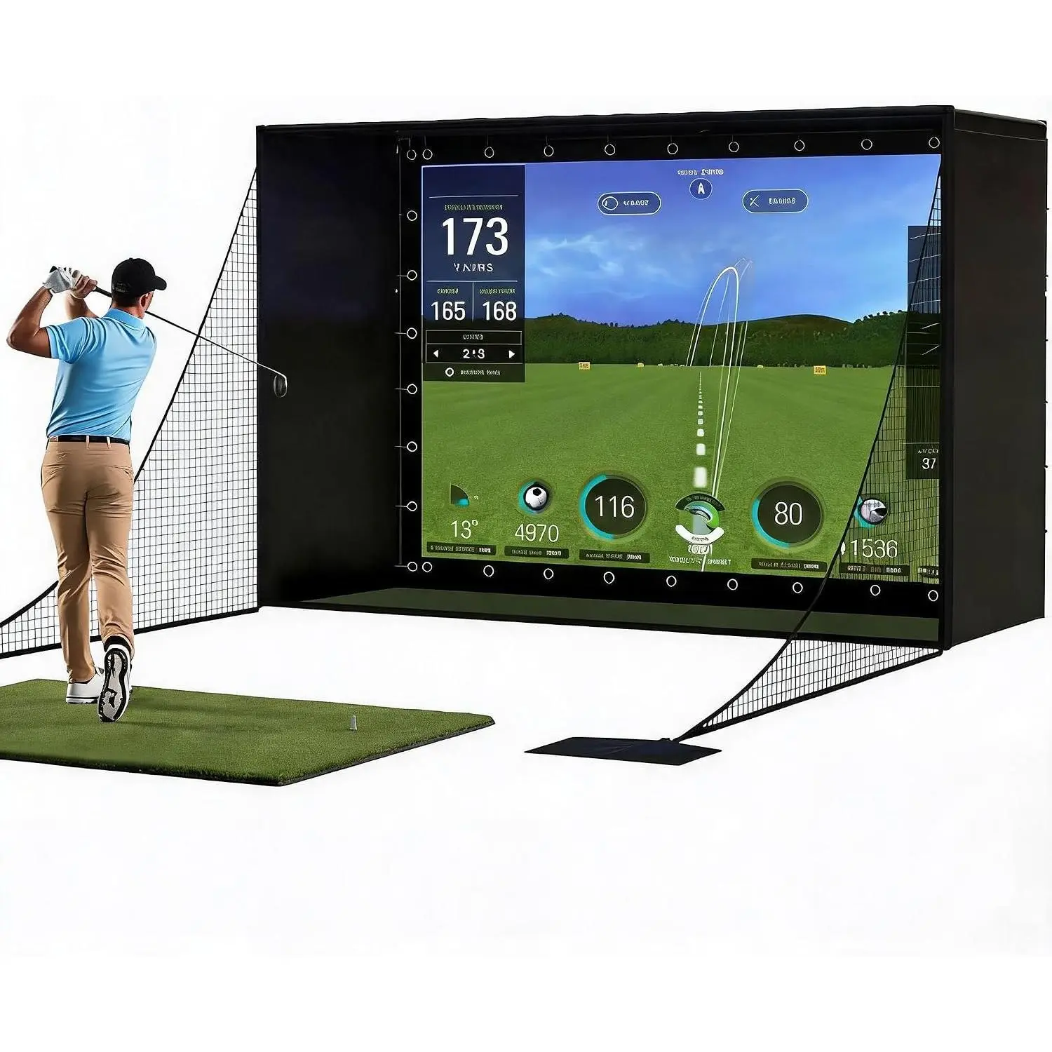 11' x 8' Complete Golf Simulator Enclosure Package, 4K-Ready Impact Screen with Blackout Enclosure Cage, Frame Poles, Side Nets & Sandbags, Easy Setup for Indoor/Garage Practice