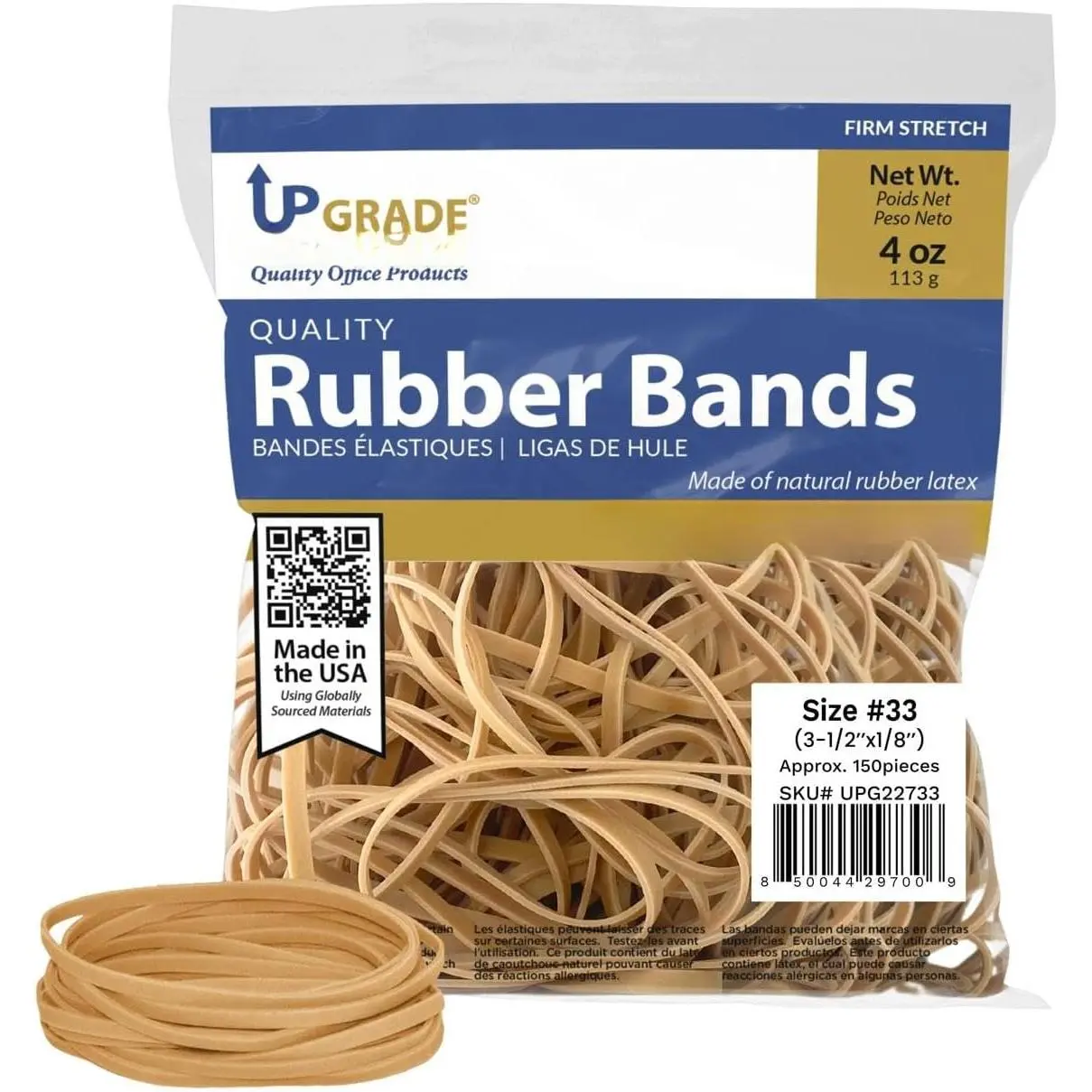 UPG22733 Rubber Bands, Size #33 (3-1/2” x 1/8”), 150 Bands, 1/4 lb,