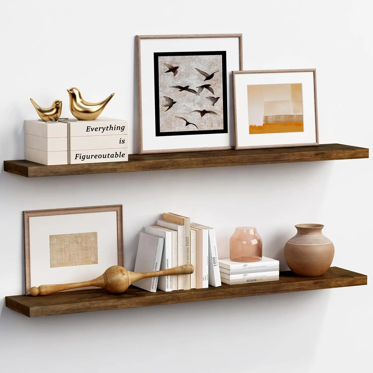 48 Inch Long Floating Shelves, Rustic Brown Wall Shelf for Bedroom | Dark  Large Wall Mounted Shelves for Living Room Laundry Kitchen Closet Office Fireplace Books  Set of 2