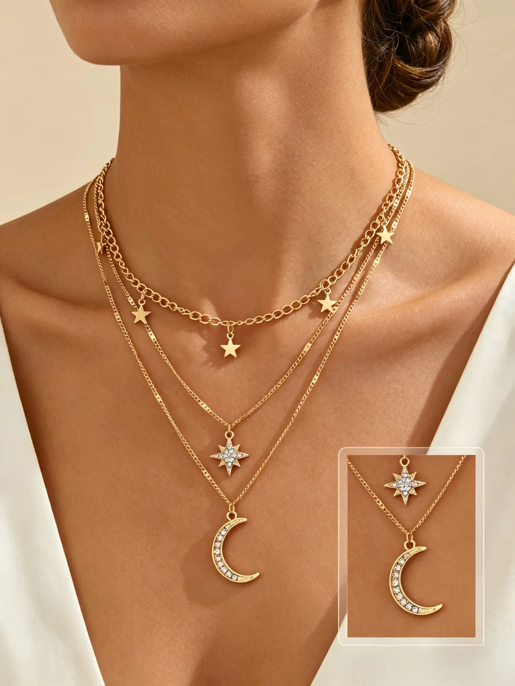 Gold Tone 3 Layer Star & Crescent Moon Necklace, Dainty Zircon North Star Stackable Clavicle Chain Jewelry Gift for Women