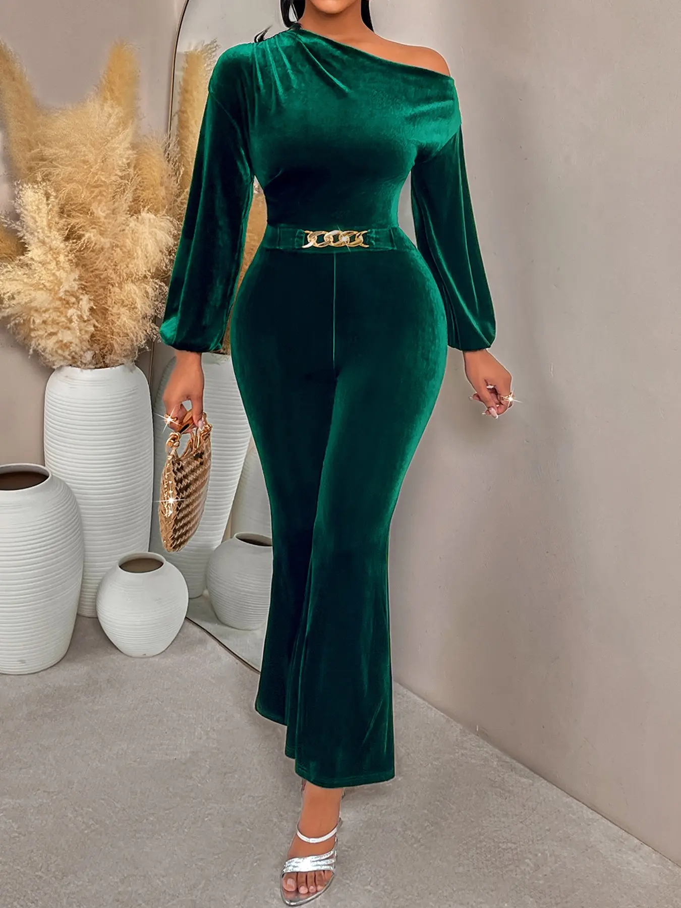 Elegant Fall Winter Women's Solid Velvet Jumpsuit, High Waist Long Sleeve Slim Fit, Casual Fashion Long Pants, Stylish Ladies'