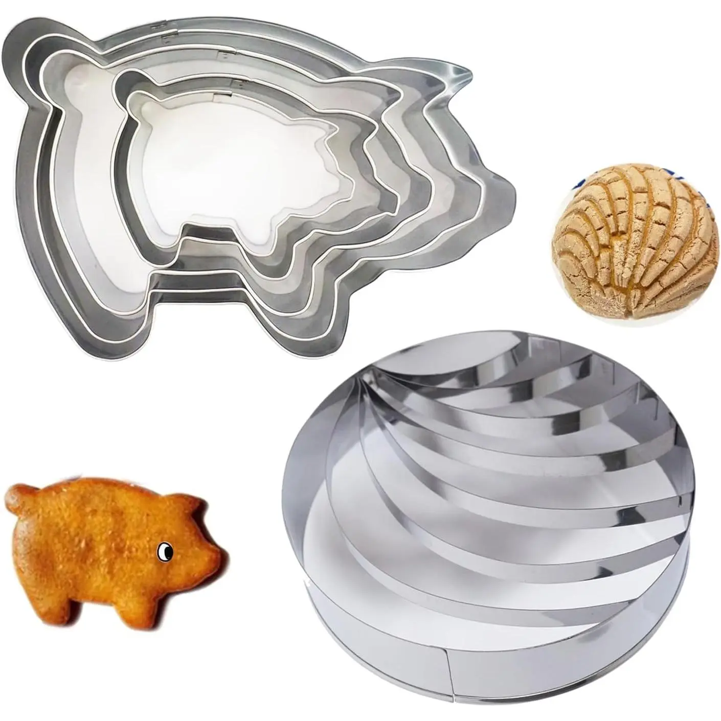 4 Inch Concha  Mexican Bread Mold with 5 Sizes Piggy Cookie Cutters, Stainless Steel Molde Para Hacer Conchas De Pan, Metal Concha Shell  and Pig Cookie  Set