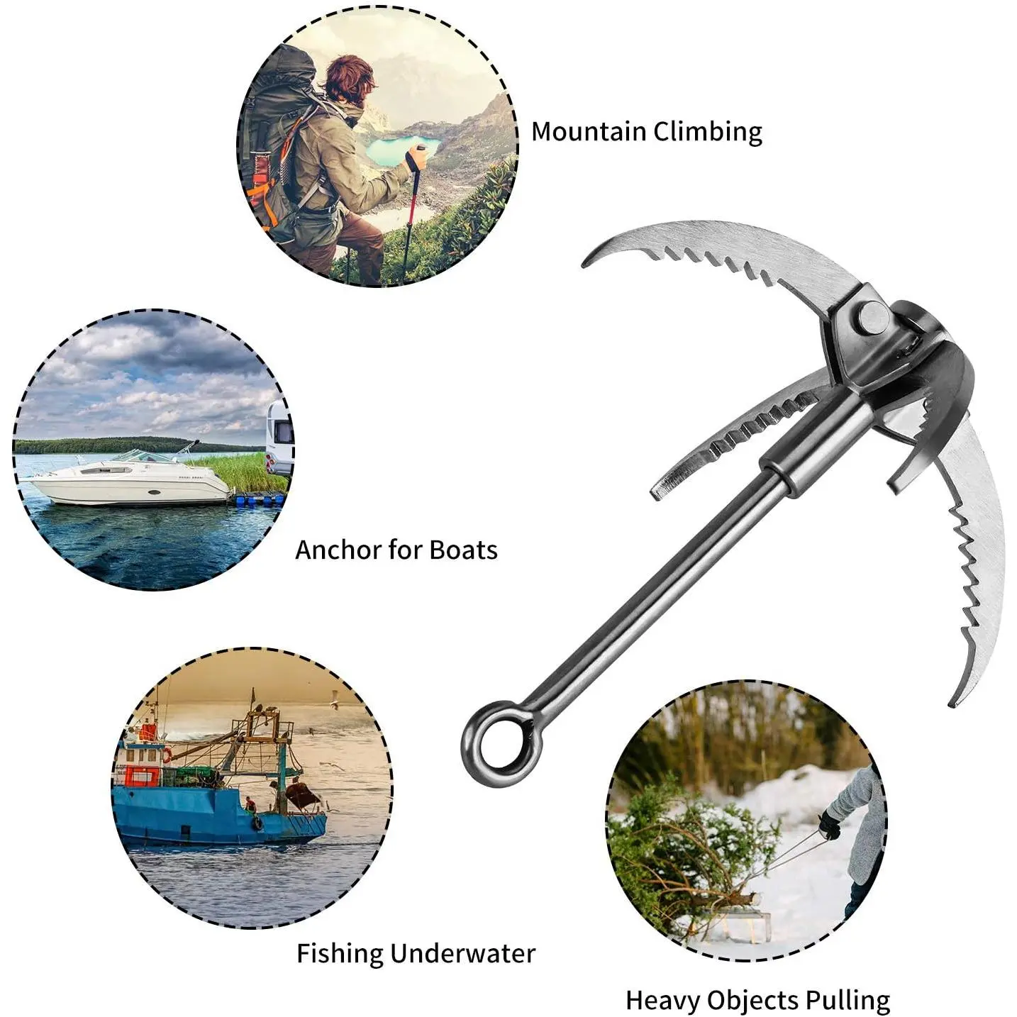 Stainless Steel Grappling Hook with Claw Carabiner, 1000lbs Load Capacity, 23cm Height, 24cm Diameter for Camping, Fishing Underwater Salvage (Sports & Outdoor Climbing Equipment)