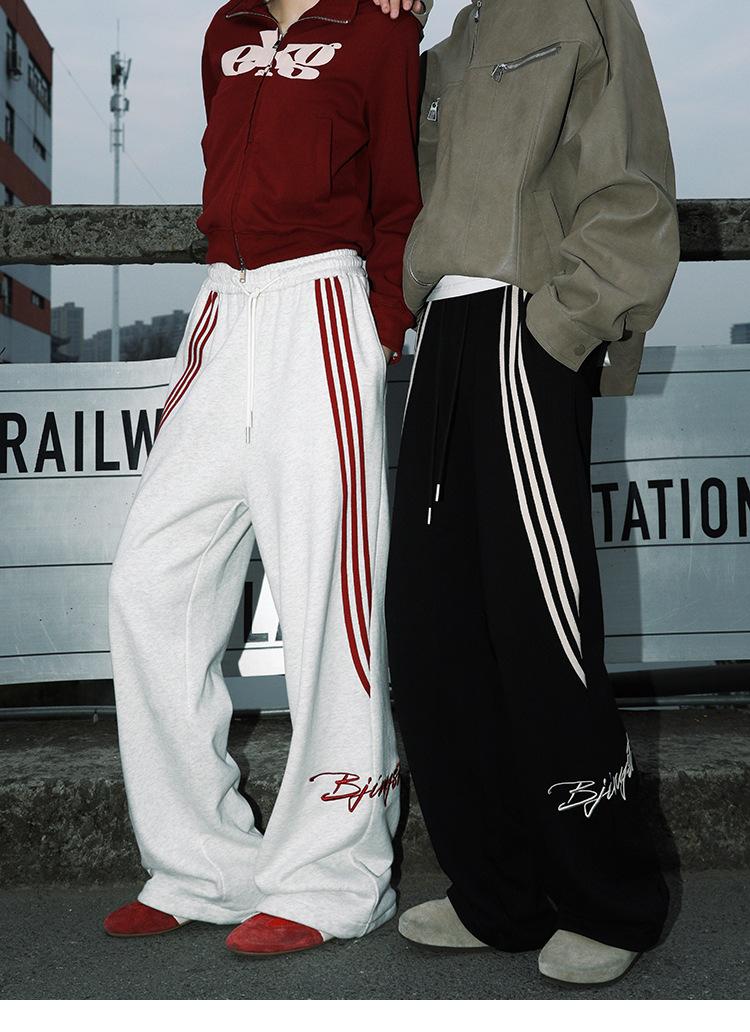 YYK Brand: Men's American Retro Casual Pants - 3-Stripe Design with 3D Waistband Trim; Spring/Autumn Straight-Leg, Loose-Fit Athletic Sweatpants