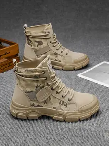 Men's Camo Tactical Boots, Fashion Casual Style, Solid Lace-Up Short Boot, Hiking & Daily Wear, Spring/autumn Use, Round Toe Design