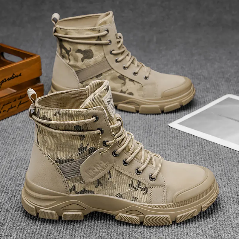 Men's Camo Tactical Boots, Fashion Casual Style, Solid Lace-Up Short Boot, Hiking & Daily Wear, Spring/autumn Use, Round Toe Design, Outdoor Shoes