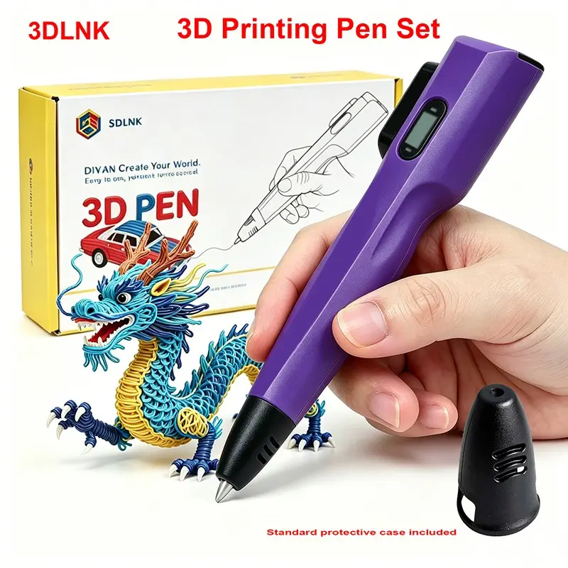 3dlnk 3D Printing Pen Set, Anti-Clog Design, Compatible with Pla/abs Filament, 2m Cable, 6-Color Palette, LCD Screen, Creative Art Tools