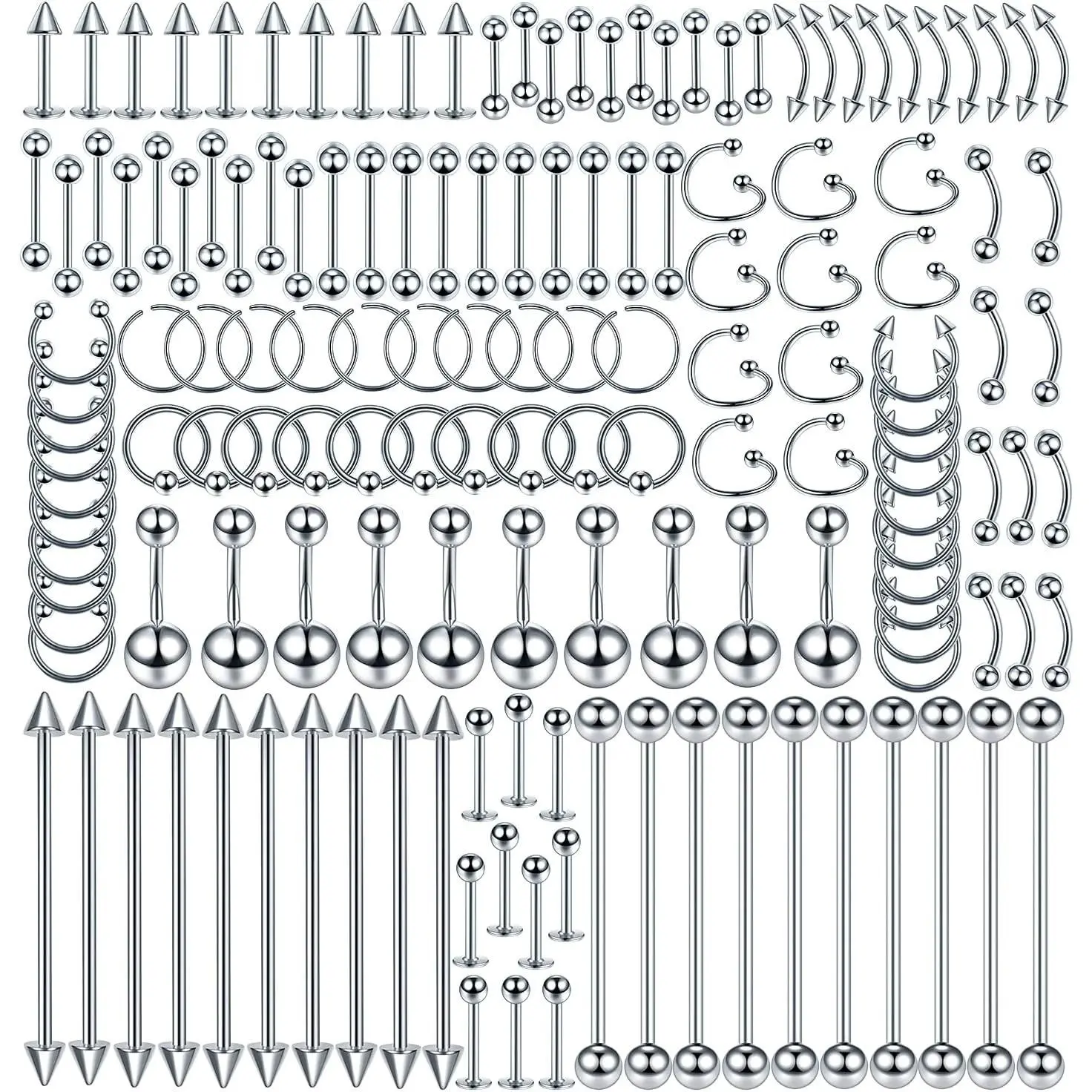 150PCS Stainless Steel Body Piercing Kit Jewelry Set with Lip Nose Tongue Tragus Cartilage Daith Eyebrow Belly Button Rings 14G 16G 20G Piercing ToolsGift