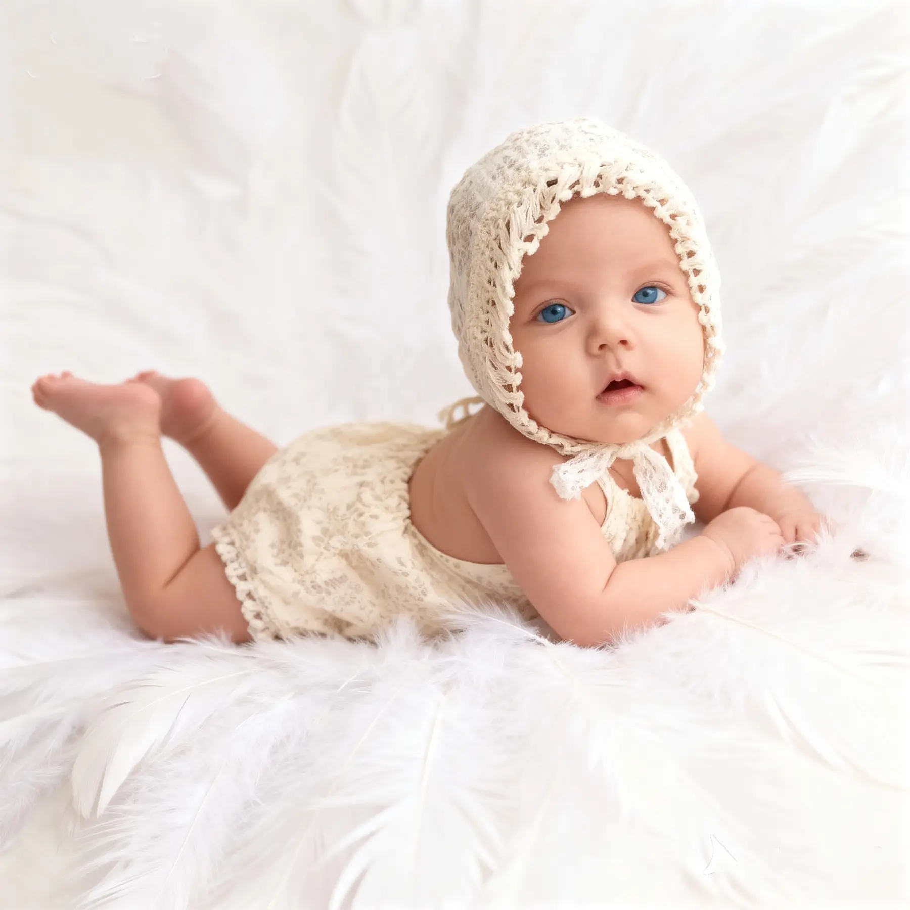 Delicate Lace Trim Photoshoot Romper with Matching Hat, 48CM Soft Portrait Costume Set, Sweet Outfit for Full Moon Milestone Precious Memory Shots