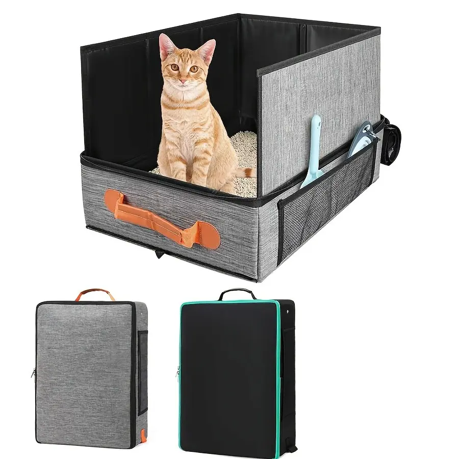 Travel Litter Box for Cats, Collapsible Cat Litter Box with Lid, Portable Cat Box with Zipper & Hard Bottom, Leak-Proof Kitty Litter Pan for Car Hotel Airplane