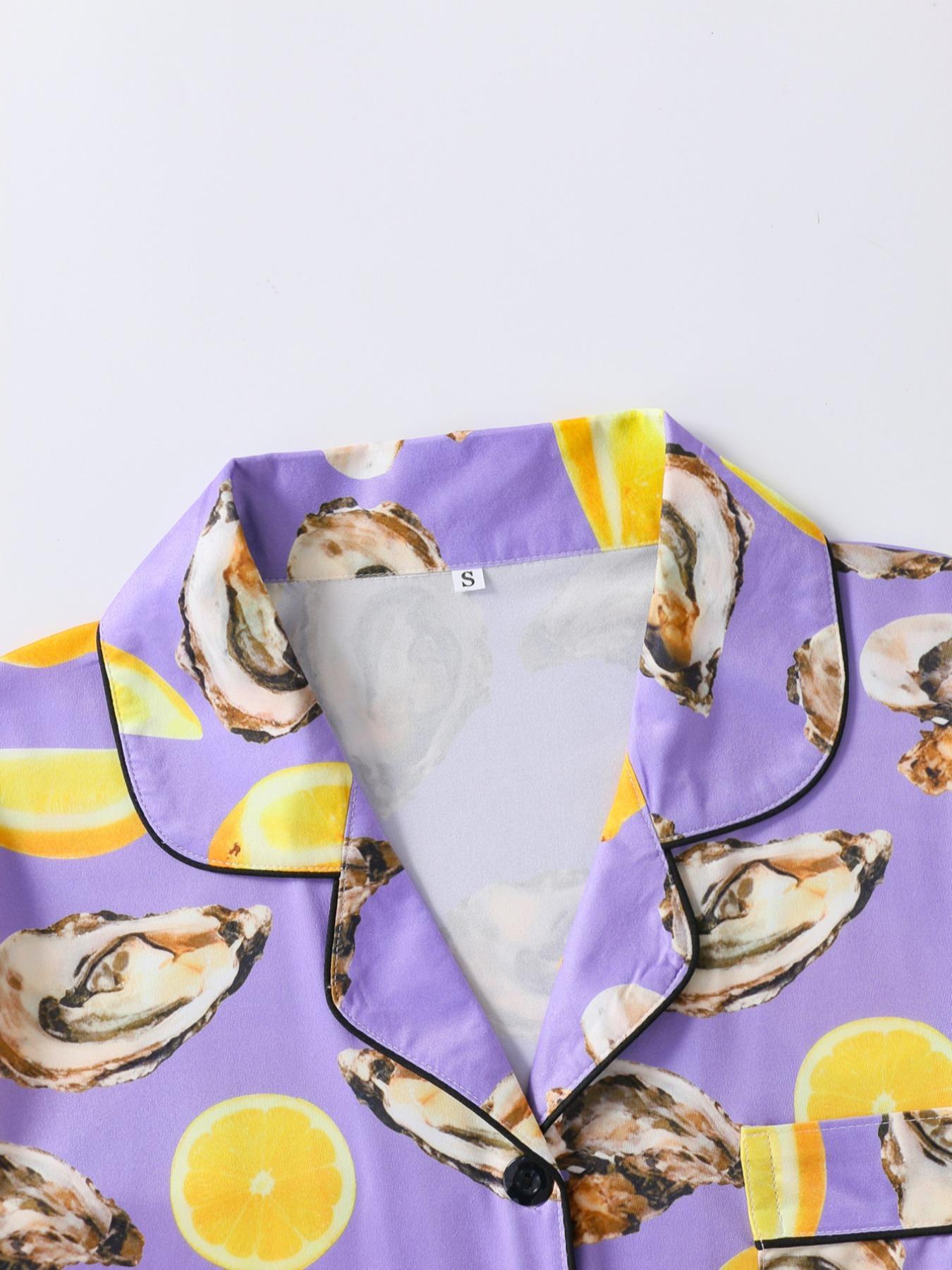 Women's All Over Print Shirt & Shorts Pyjama Two-piece Set, Casual Comfy Short Sleeve Top & Shorts Set, Ladies Sleepwear for All Seasons, Shorts Pj Set