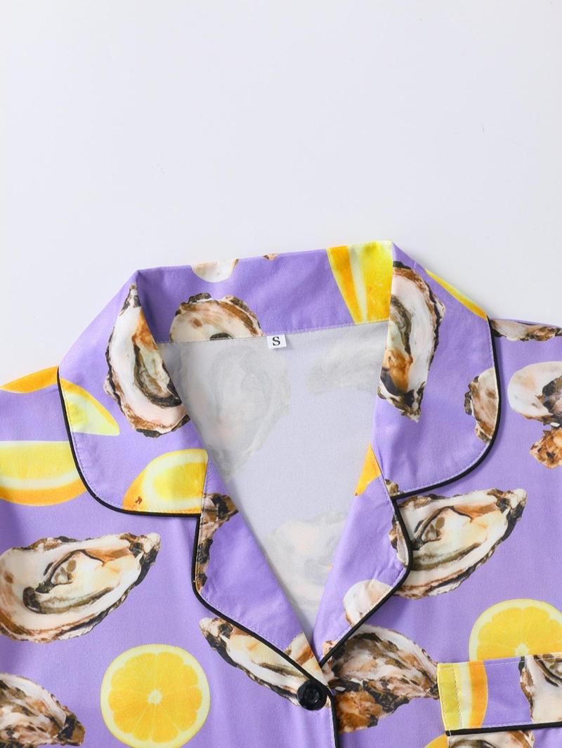 Women's All Over Print Shirt & Shorts Pyjama Two-piece Set, Casual Comfy Short Sleeve Top & Shorts Set, Ladies Sleepwear for All Seasons, Shorts Pj Set