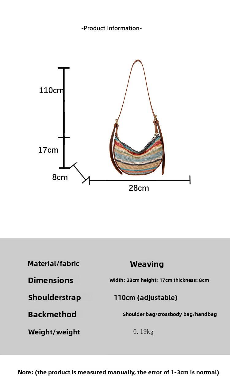 Summer Woven Bag for Women – New Style Large Capacity Cross-body Bag with Shoulder Strap – Rainbow Stripes Dumpling-Shaped Woven Fabric Tote for Daily Commuting