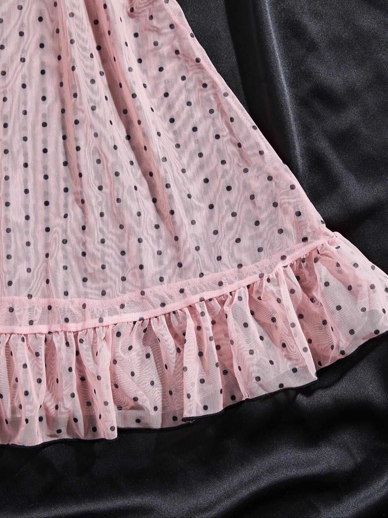 Women's Elegant Polka Dot Sleepwear Set, Lightweight Knit Fabric, Soft Touch, Half-Transparent Effect, Classic Bow, All Seasons