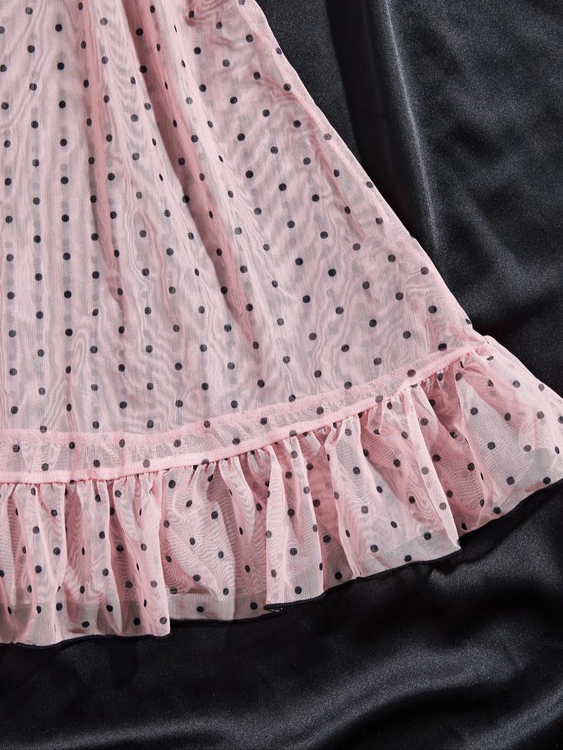 Women's Elegant Polka Dot Sleepwear Set, Lightweight Knit Fabric, Soft Touch, Half-Transparent Effect, Classic Bow, All Seasons