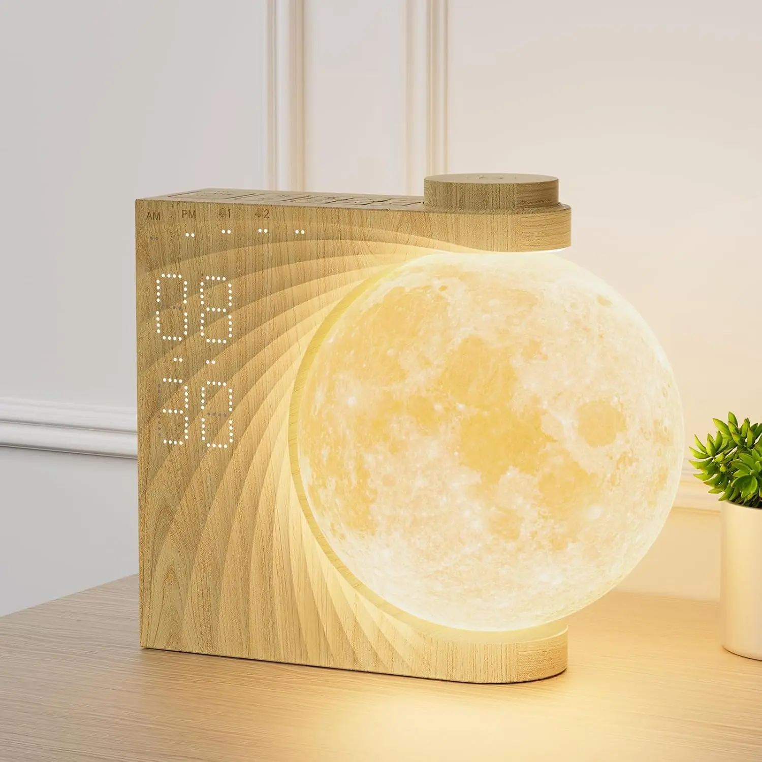 Light Woodgrain Multifunctional Synthetic Sleep Aid USB Charging Alarm Clock - 360-Degree Rotatable Color Changing Decor Lamp, Sound Machine, Snooze, 10 Light Effects, 30/60/90 Timer, 10 Nature Sounds, 15 Ringtones, 12 Volume Levels
