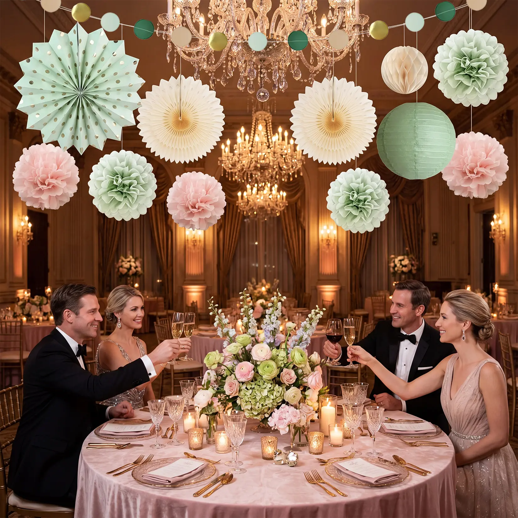 30Pcs Romantic Sage Green & Blush Pink Tissue Garland Party Decorations Set - Pre-Cut Paper Lanterns, Pom Poms, Fans, Round Honeycomb Balls for Women's Birthday, Engagement - Home & Festive Supplies