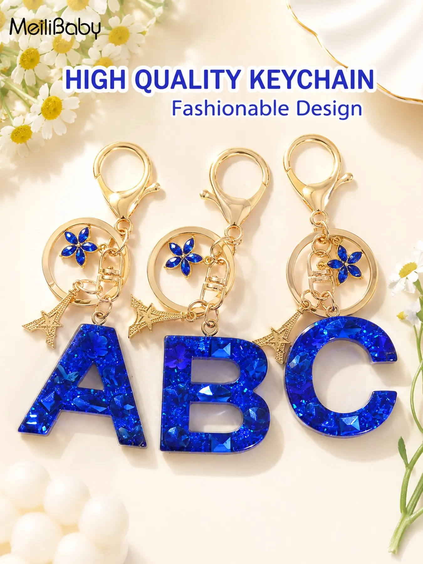 Shiny Blue Crystal Acrylic Letter Keychain, Gold Eiffel Tower Pendant, Floral Decoration, DIY Bag Charm, Butterfly Pattern, Casual Style, Keychain Charms