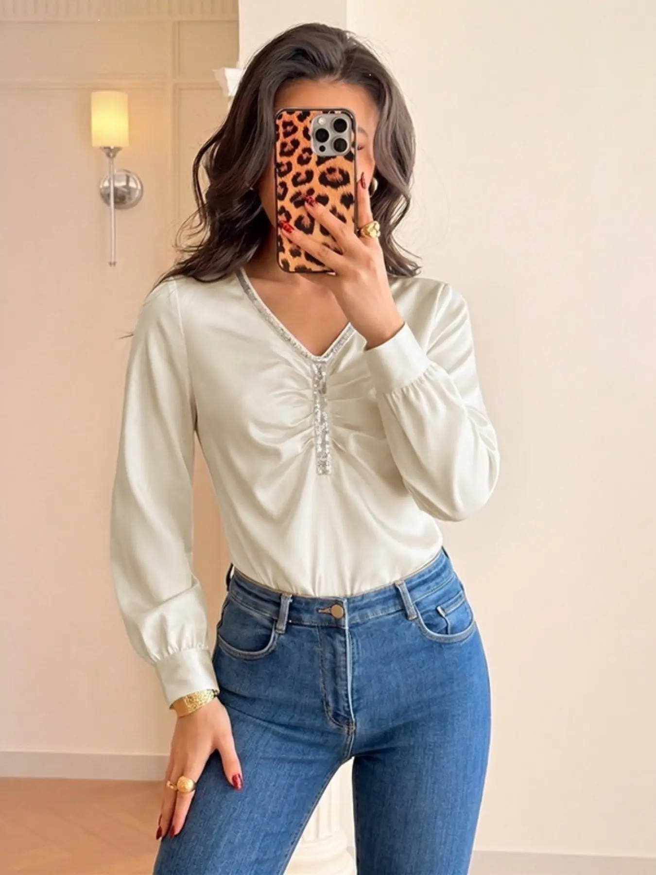 Women's Satin Romper with Binding V-Neck Chest Pleats Bubble Long Sleeve Slim Fit One-Piece Top for Daily Layering