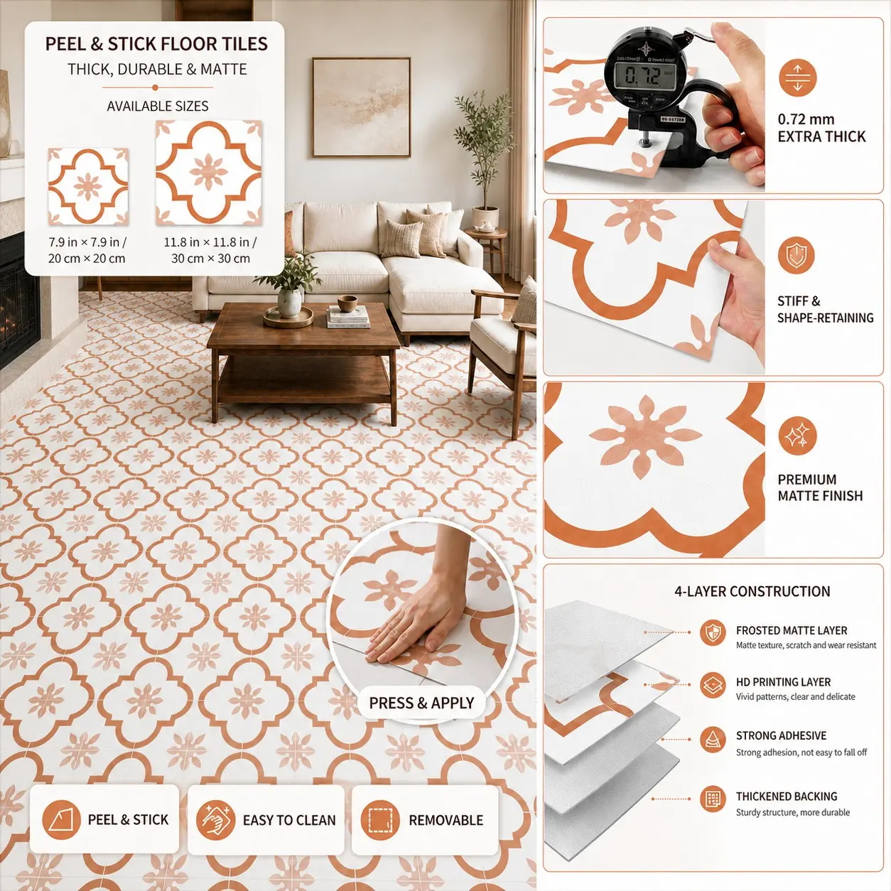 24pcs Self-Adhesive PP Floor Tiles, Waterproof, Oil-Resistant, Geometric Patterns, Ideal for Living Room, Kitchen, Bathroom, Commercial Use