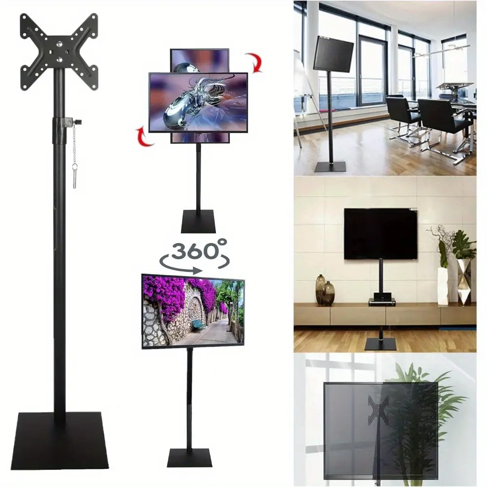 1pcs TV Floor Stand, Metal Pedestal Mount with Tilt Head, Height Adjustable 360 Degree Swivel Free Standing VESA TV Stand for 12 to 43 inch TVs, Space Saving for Bedroom Living Room Corner