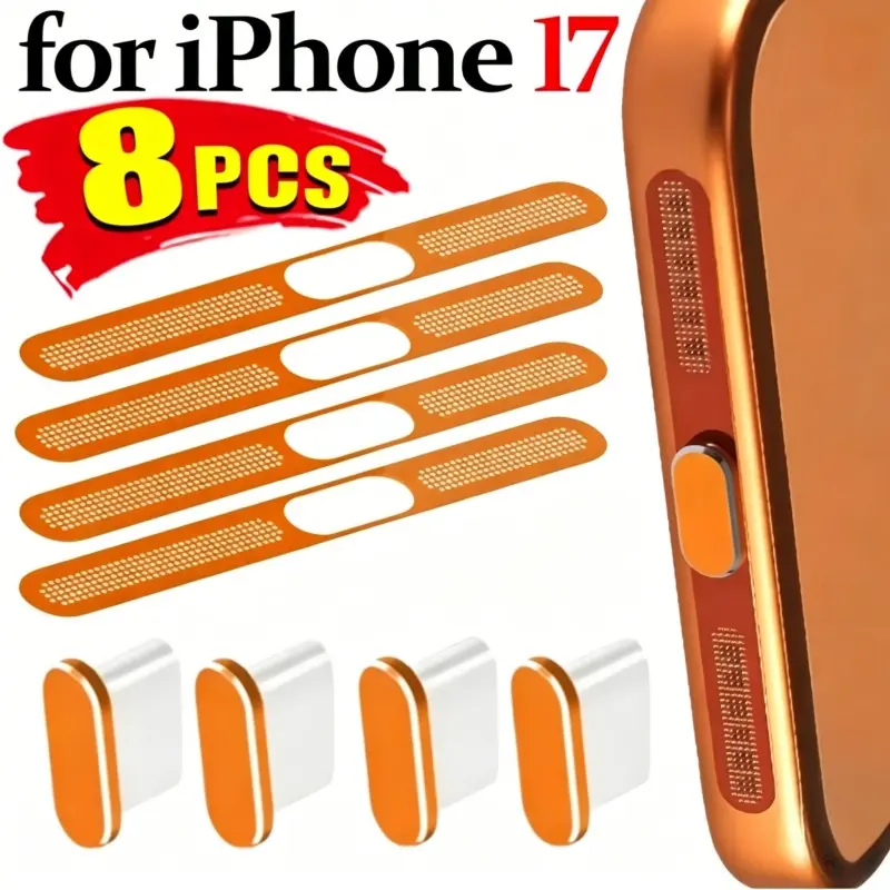 8pcs Cleaning Kit Speaker Protector Covers, Metal Dust Plugs, Charging Port Cap for iPhone 17/17 Pro/17 Promax, Essential Protective Phone Accessories, Maintain Cleanliness