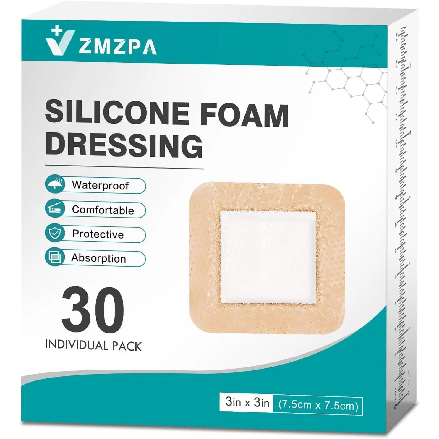 Silicone Foam Wound Care Dressings, 3x3in Gentle Border Waterproof Self-Adhesive Pads, Super Absorbent for Bed Sore & Pressure Sore Care (30 Count), Waterproof Pads