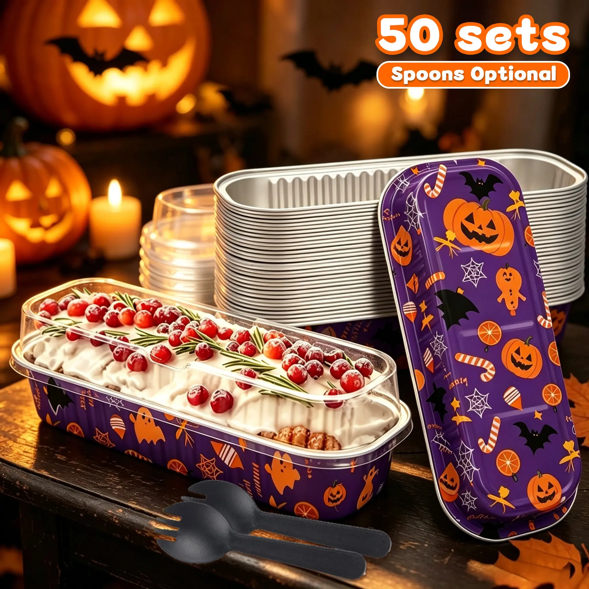 Limited‑Edition Halloween Purple Aluminum Foil Loaf Baking Pans 50 Pack｜Food‑Grade Rectangle Cake Tins With Lids, Spoons Optional, Reusable Mini Cheesecake Molds For Party Snacks & Kitchen Baking