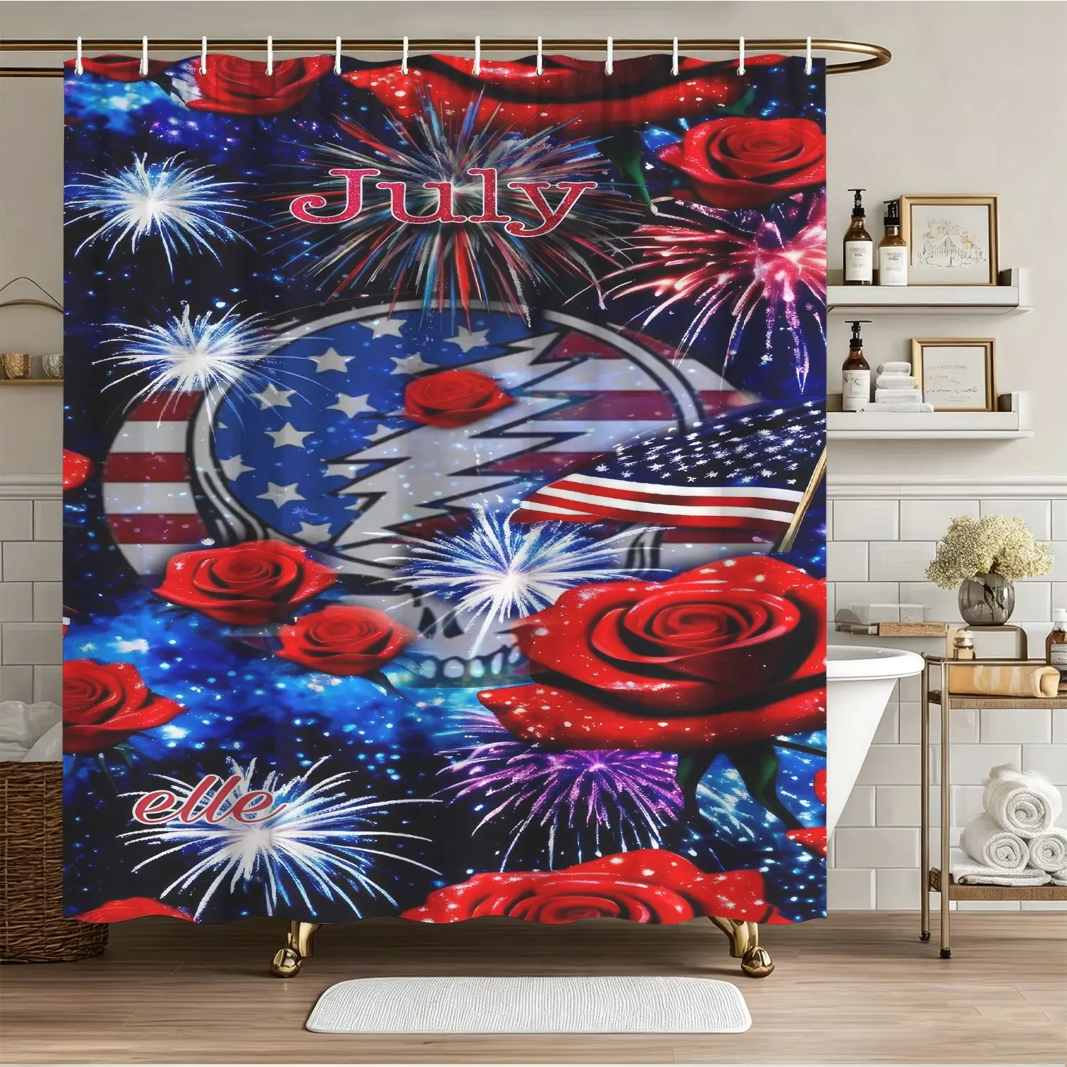 1Pcs Independence Day Digital‑print Shower Curtain, Patriotic American Flag Rose Firework Skull Print, Polyester Waterproof Fabric, with Easy‑Install Hooks, Machine Washable, Perfect Decoration for Festival Bathroom
