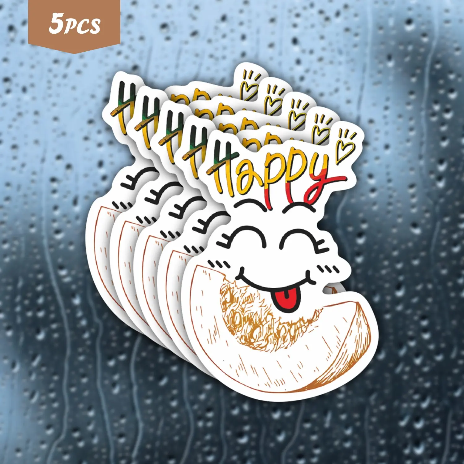5PCS Happy Melon Waterproof Vinyl Stickers, Cute Smiling Cantaloupe Decals for Water Bottles, Laptops, Cars, Positive Quote Stickers