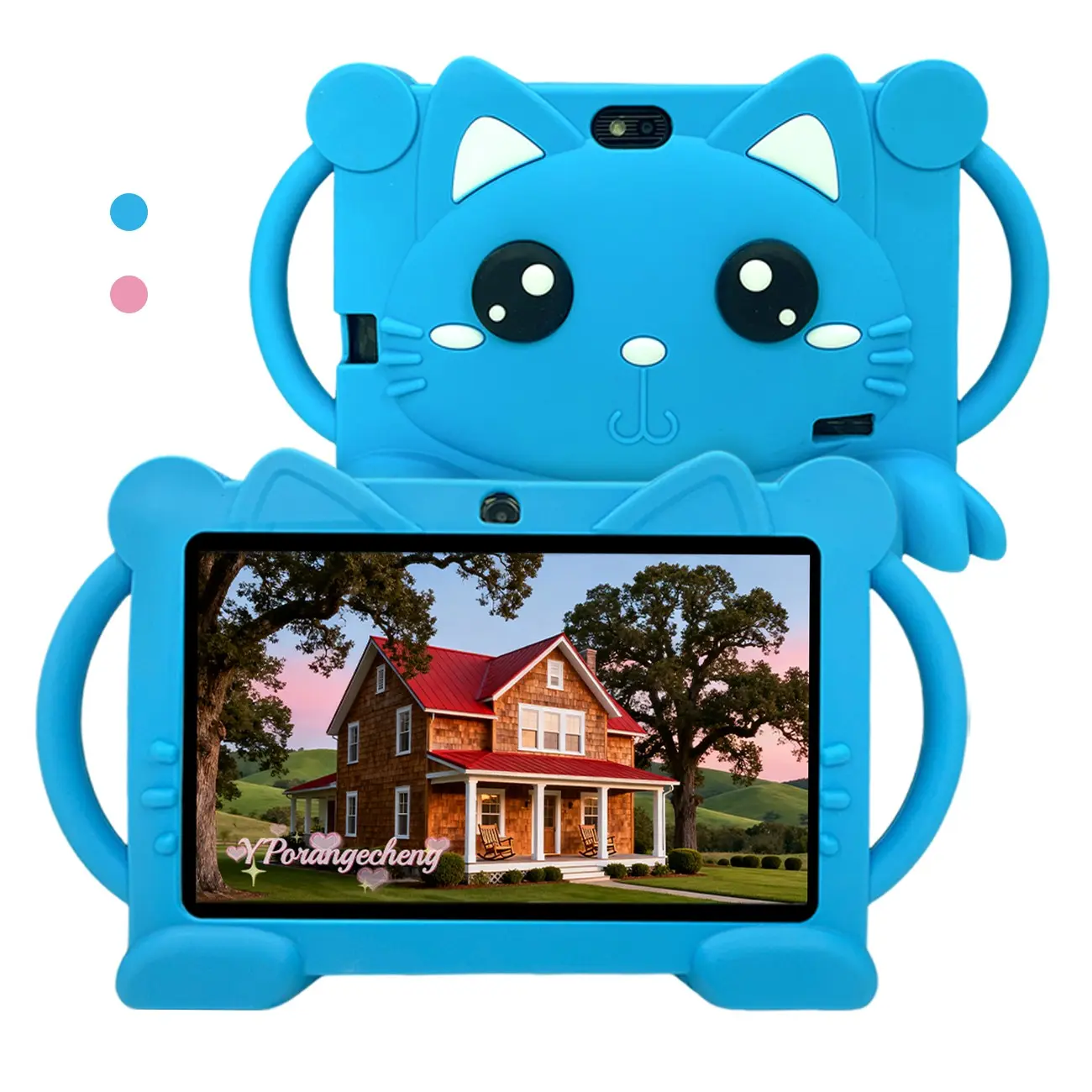 7" Kids Android Tablet, lightweight body. Android 12, HD eye‑caring display. 5G‑WiFi & Bluetooth, long‑standby battery, front‑rear dual cameras for video calls. Shock‑proof case, parental control for study & play. Blue/Pink, No power Adapter .