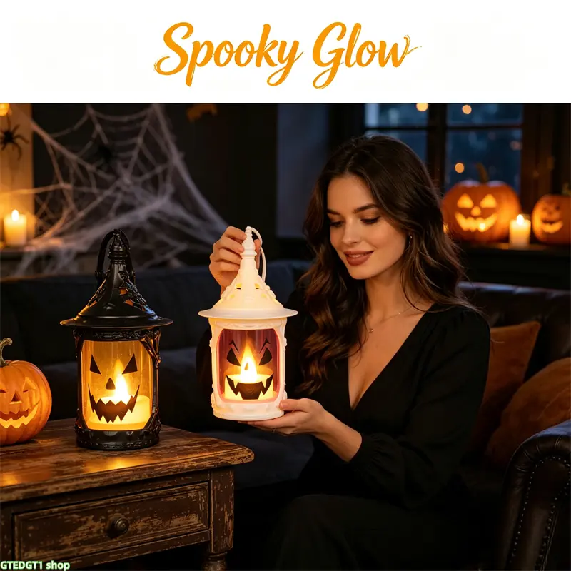 Halloween Mini LED Lantern, Jack O Lantern Flameless Candle Lamp, Vintage Hanging Battery Powered Night Light, Portable Spooky Table Ornament For Indoor Party And Yard Holiday Decoration