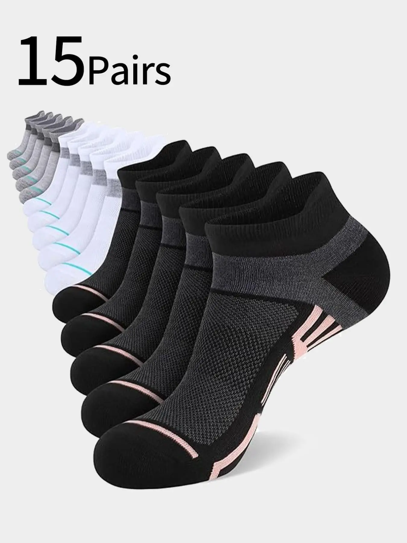 15 Pairs Unisex Hiking Sport Socks, Shock Absorbing Thickened Towel Bottom, Breathable Honeycomb Mesh, Striped Design, Comfortable Low Calf