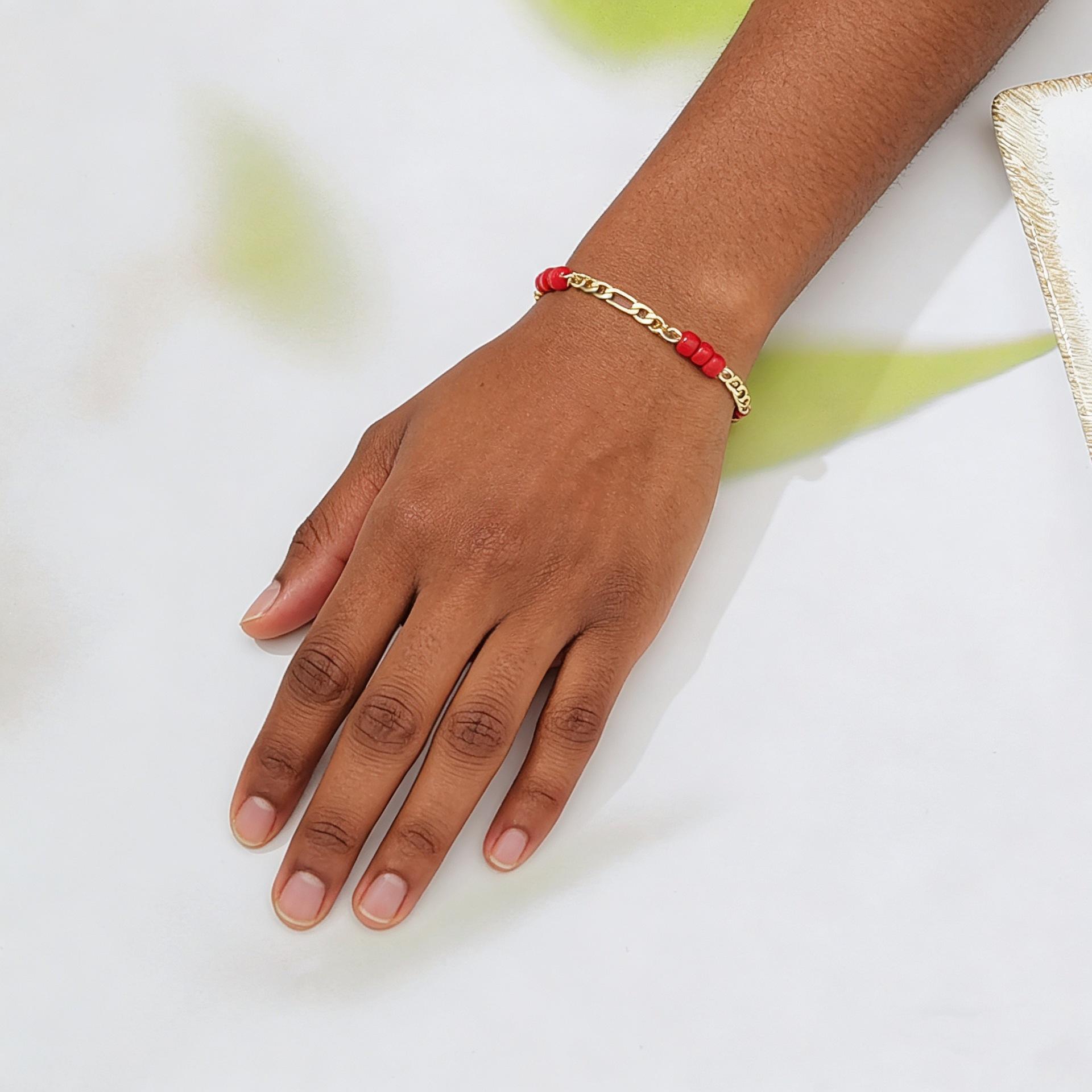 Trending Red Agate Beaded Chain Bracelet, Mixed Design Fashion Jewelry for Women, 18K Gold Plated Brass, Elegant Versatile Stackable Bracelet, Perfect for Daily Wear & Casual Outfits