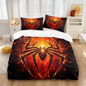 Dark Gothic Lava Red-Orange Arachnid Duvet Cover Set, Fire Spider Graphic Print Bed Linen, Durable Colorfast Microfiber Zipper Bedding, All Seasons Usable Washable, Teen Boys Bedroom Decor, 1 Quilt Cover & 1 or 2 Pillowcases