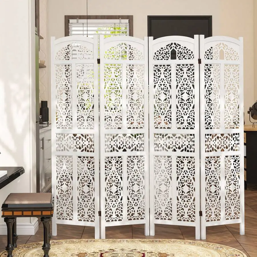 Legant 4-Panel Room Divider Screen, Hand-Carved Floral Design, White And Burnt Walnut, Wooden Privacy Partition Home And Office, Folding Decorative Screen With Grid Pattern