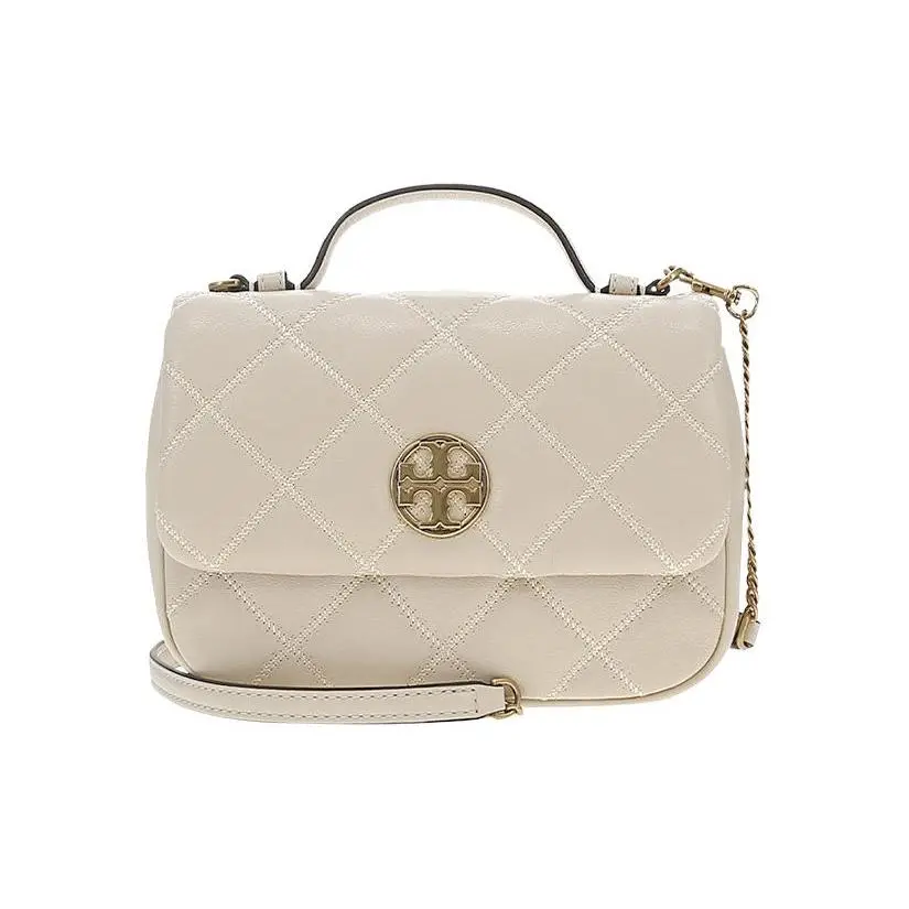 Tory Burch TB-Willa Quilted Chevron Flap Chain Bag for Women, Goat Leather, Cream White