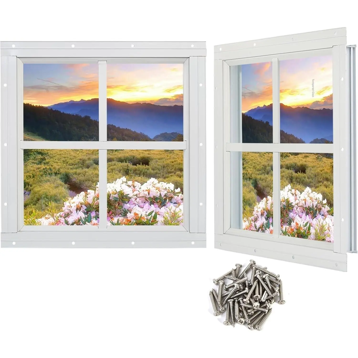 Square Shape Flush Mount Transom Window (2-Pack, 12in x 12in, White, Tempered Glass, Includes Screws) for Shed/Coop/Barn