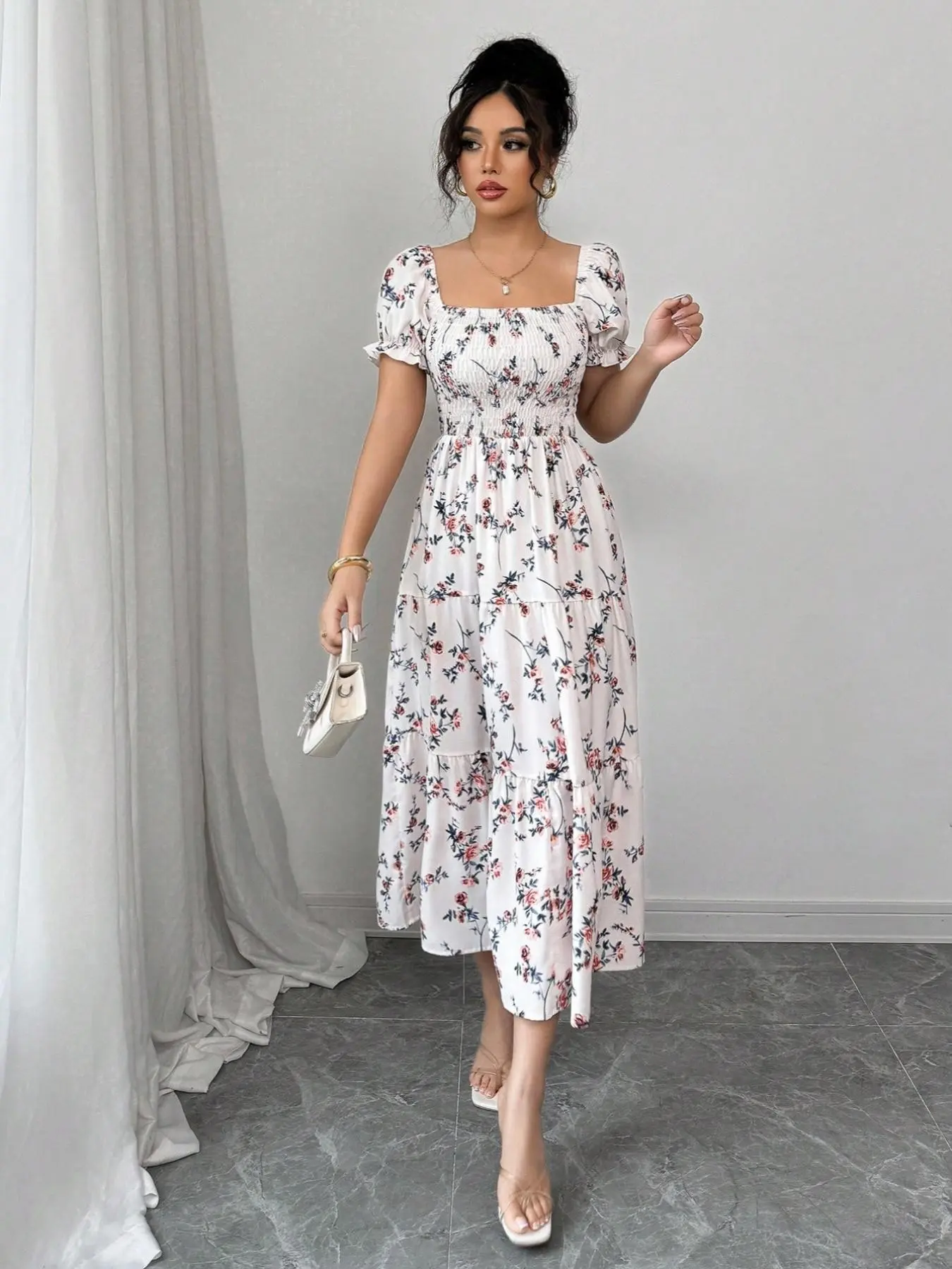Vintage French Square Neck Floral Summer Dress for Women, Elastic Bust and Waist, Comfortable and Stylish, Perfect for Any Occasion, Casual Wear