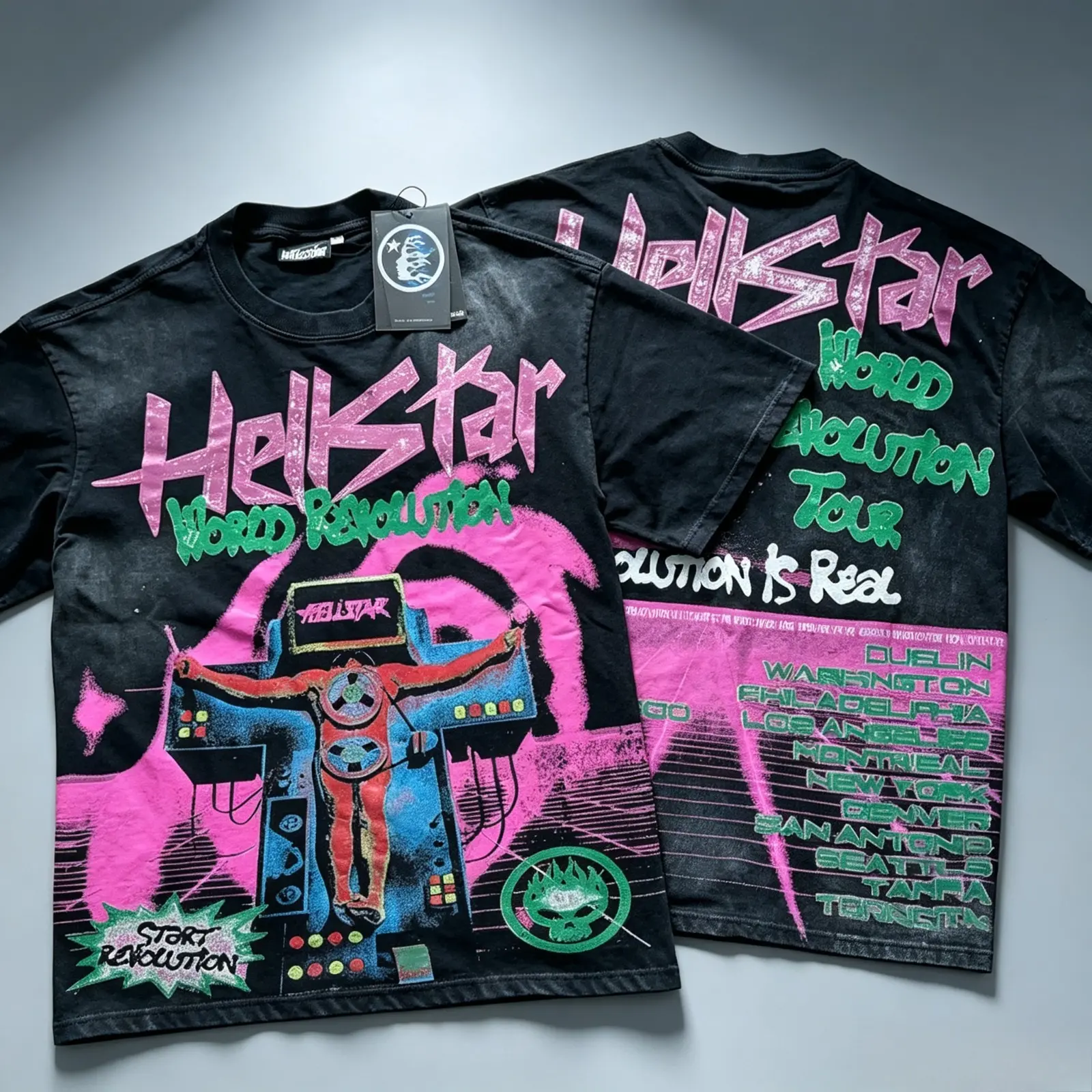 Unisex Hellstar World Revolution Vintage Graphic T-Shirt, Washed Black Heavyweight Cotton Loose Fit Tee, Double-Sided Radio Print Short Sleeve Streetwear Top, Y2K Alternative Gothic Casual Shirt for Men Women, Summer Outfit