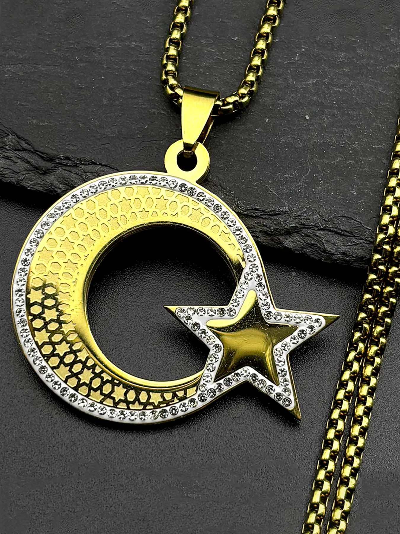 Arabic Muslim Star Crescent Moon Pendant Necklaces for Women Men Stainless Steel Islamic Rhinestones Talisman Chain