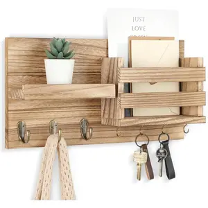 Mail Organizer for Wall Mount – Key Holder with Shelf Includes Letter Holder and Hooks for Coats, Dog Leashes – Rustic Wood with Flush Mounting Hardware (16.5" x 8.7" x 3.5") (Wood)