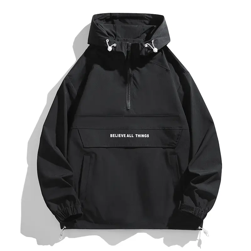 Men's Half Zip Pullover Windbreaker Hooded Jacket Gorpcore Techwear Front Flap Pocket Drawstring Hem Elastic Cuffs Letter Print Graphic Utility Activewear Outdoor Hiking Camping Windproof Outerwear Casual Streetwear Loose Fit Fall Essential Tops