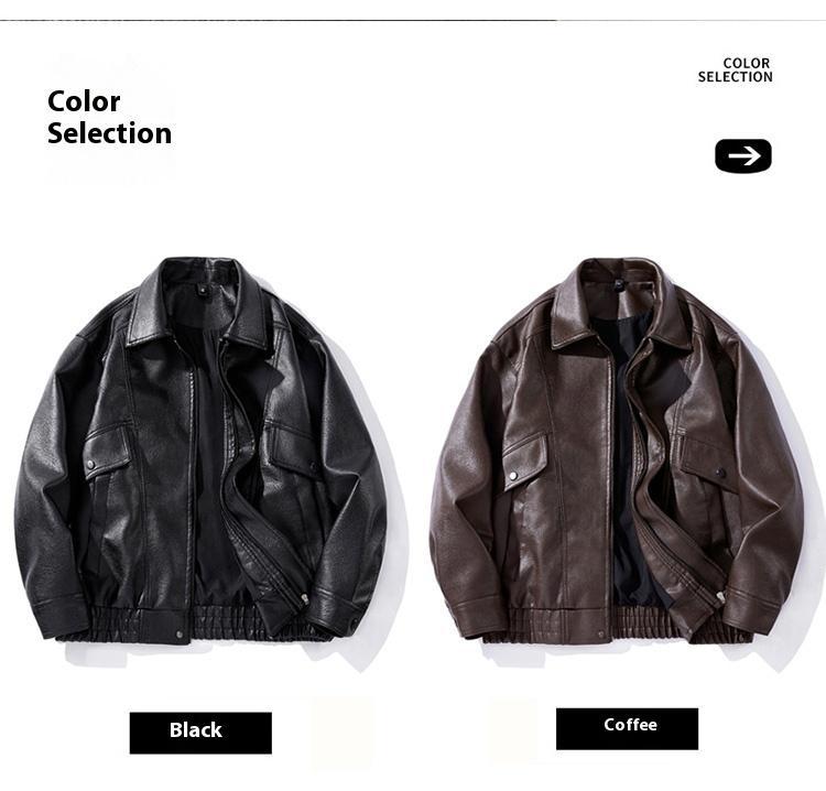 BIGWIG men's autumn and winter casual faux leather bomber jacket, fashionable modern motorcycle flight jacket, casual loose soft motorcycle jacket, lapel button zipper long sleeve with pocket jacket, PU leather