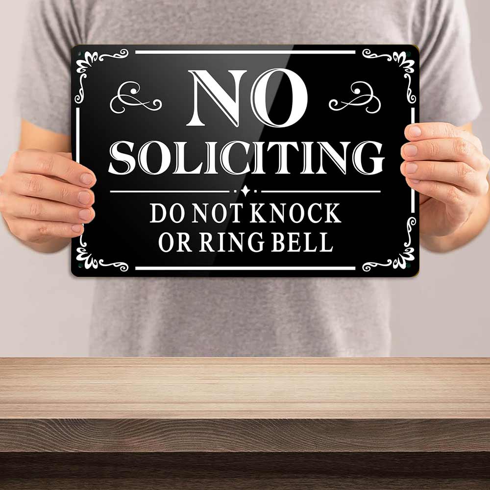 No Soliciting Do Not Knock Or Ring Bell Metal Sign 12x8 In Aluminum, Vintage Front Door Tin Sign, Retro No Soliciting Wall Art for Home, Porch, Entryway, Funny Do Not Knock Plaque, 12x8 Inch Aluminum Sign