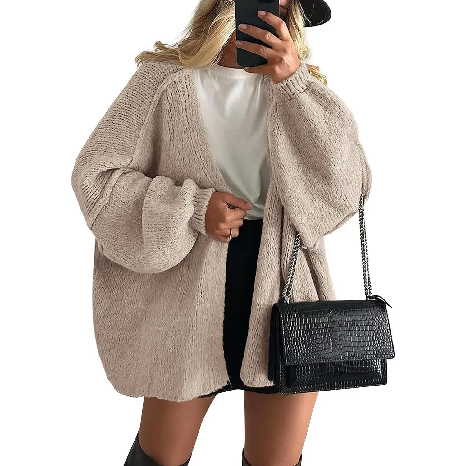 Women's Open Front Oversized Crew Neck Solid Cardigan Sweater - Soft Chunky Knit, Baggy Loose Fit, Long Lantern Sleeves, Lightweight, Ideal for Casual Daily Outings, Fall Winter Wear