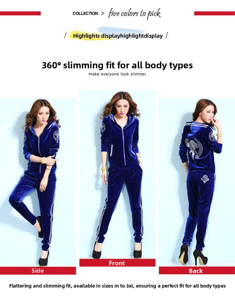 Must-Have 2026 Women's Velvet Tracksuit - Hooded Elephant Embroidered 2 Piece Sportswear Set