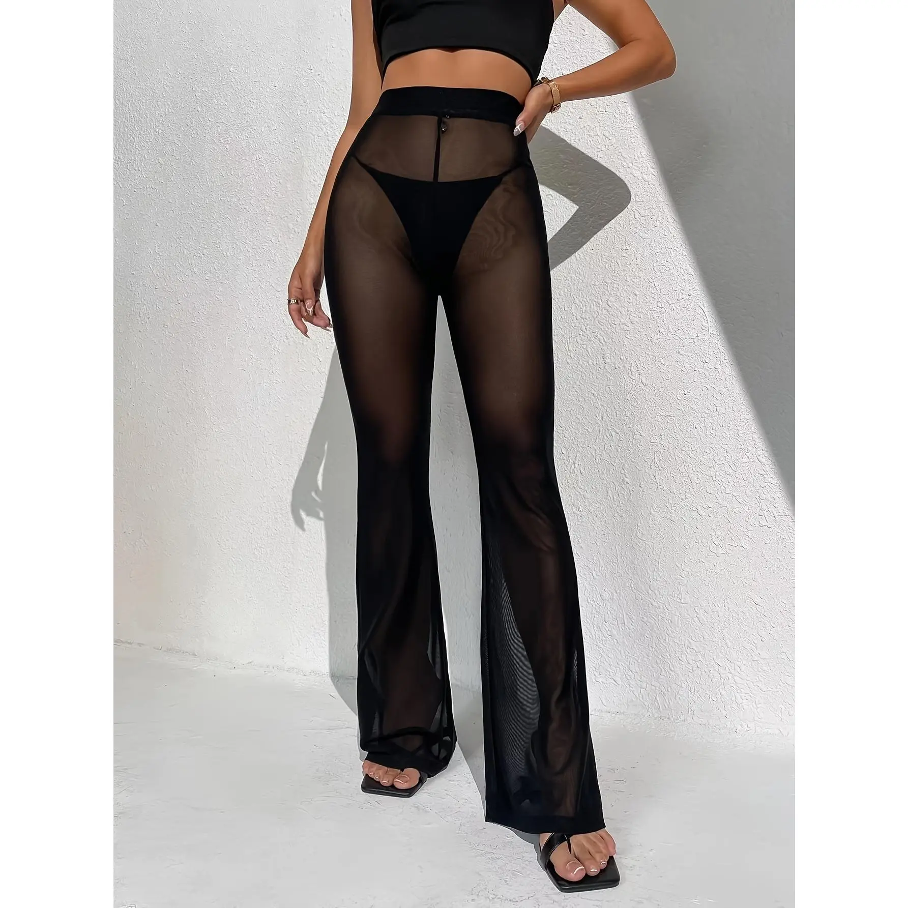 Women'S High-Waist Sheer Mesh Flare Pants - Sexy Stretchy Summer Beachwear with Open-Toe Design, Breathable & Stylish Long Pants for Vacation, Beach, and Casual Outings, Casual Summer Wear| Highwaist Design| Stretchy Mesh Fabri