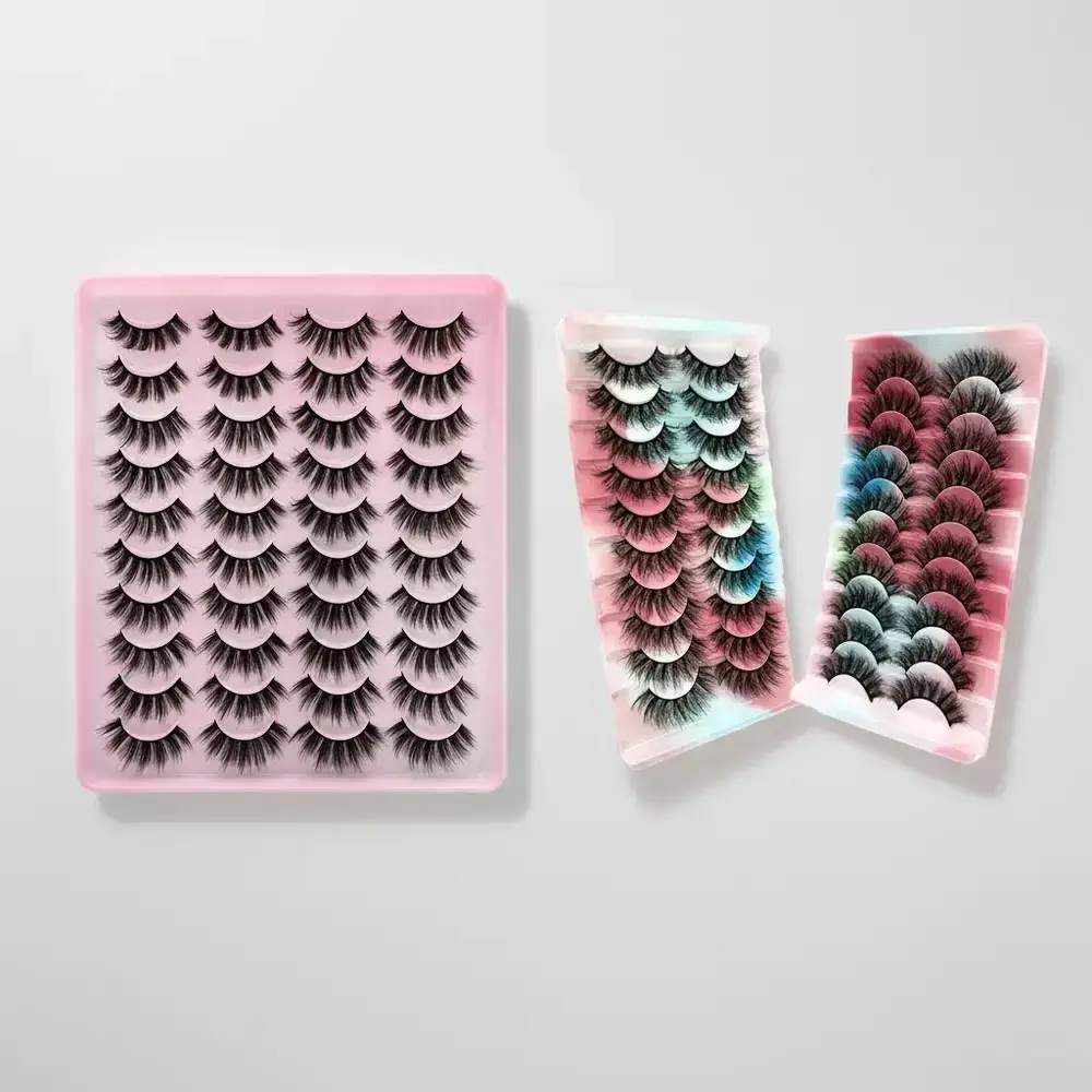 Long D Curl & 3D Natural Curl Lashes Bundle, 20 Pairs Synthetic Fiber and 10 Pairs Polyester Strip False Eyelashes in Pink, Red & Lilac, Full Volume Eye Makeup for Women and Girls